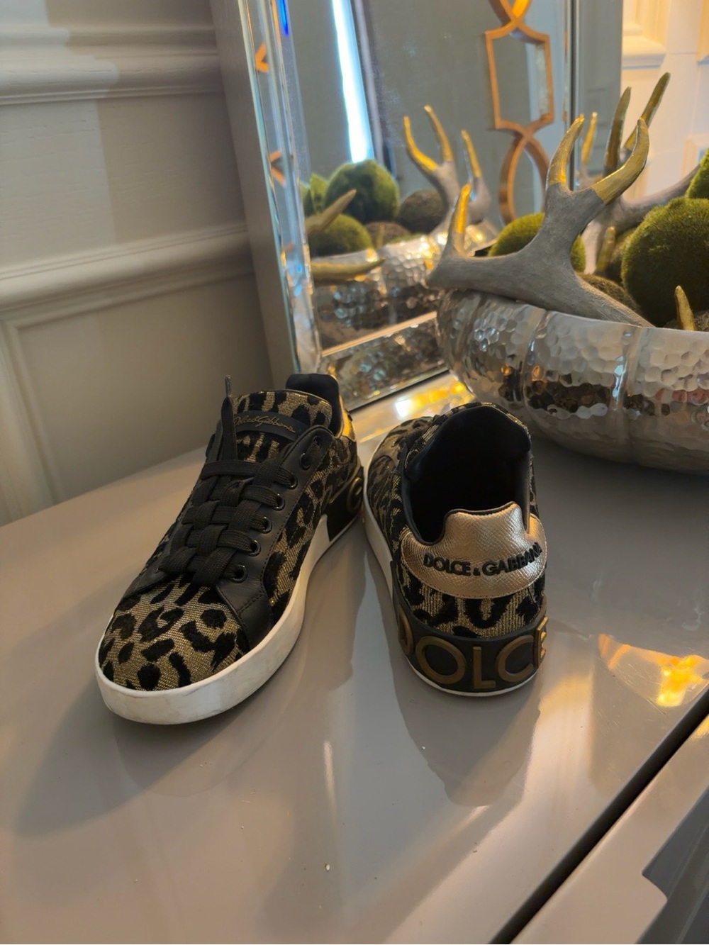 Dolce & Gabbana Portofino Leopard Print Sneakers in Black & Gold